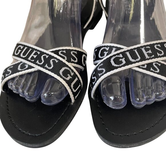 Guess Black White Logo Ankle Strap Flat Sandals Casual Summer Trendy Size 7M - Picture 7 of 13